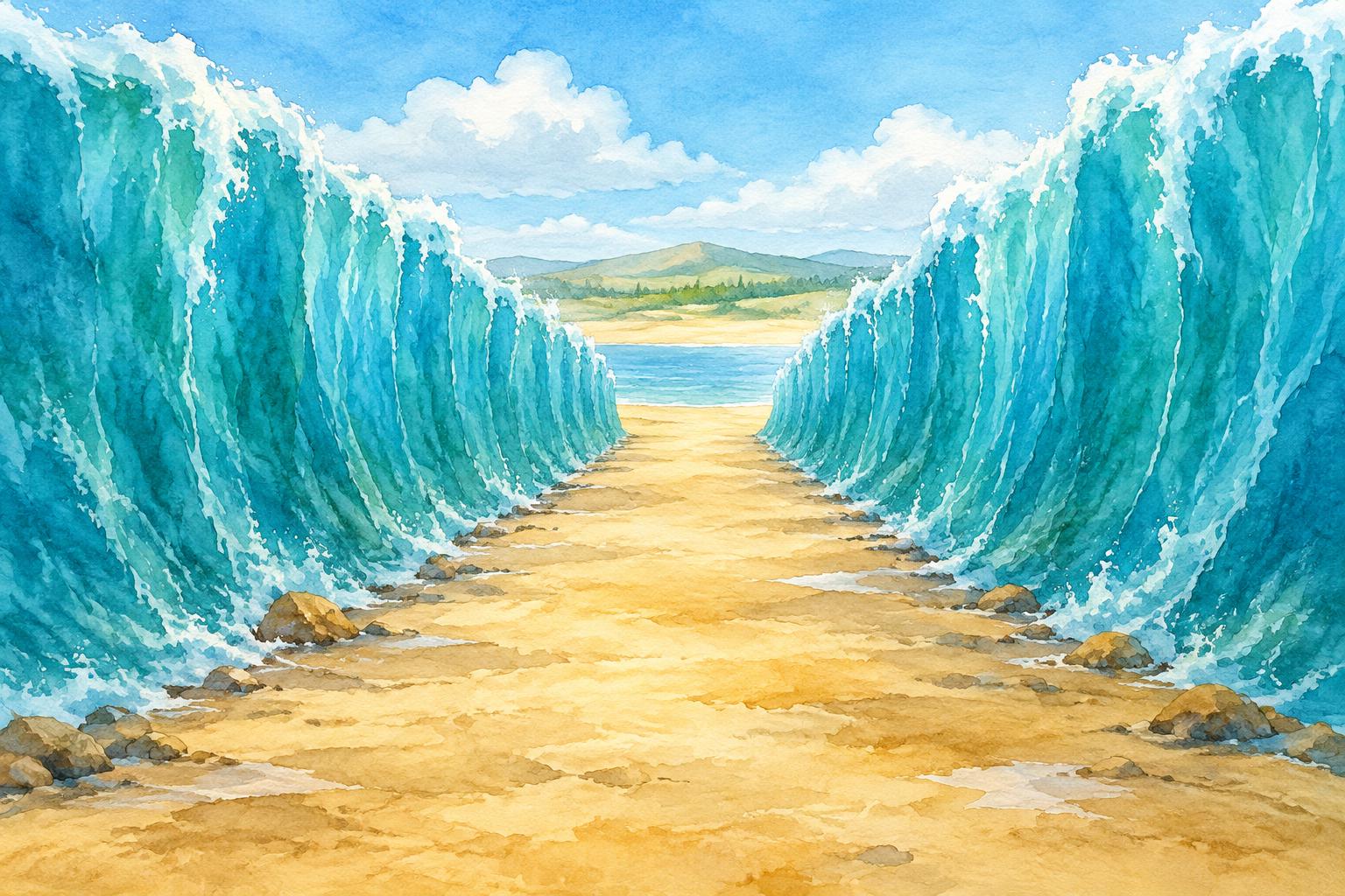 An imagined empty path between parted walls of sea water; no people are shown.