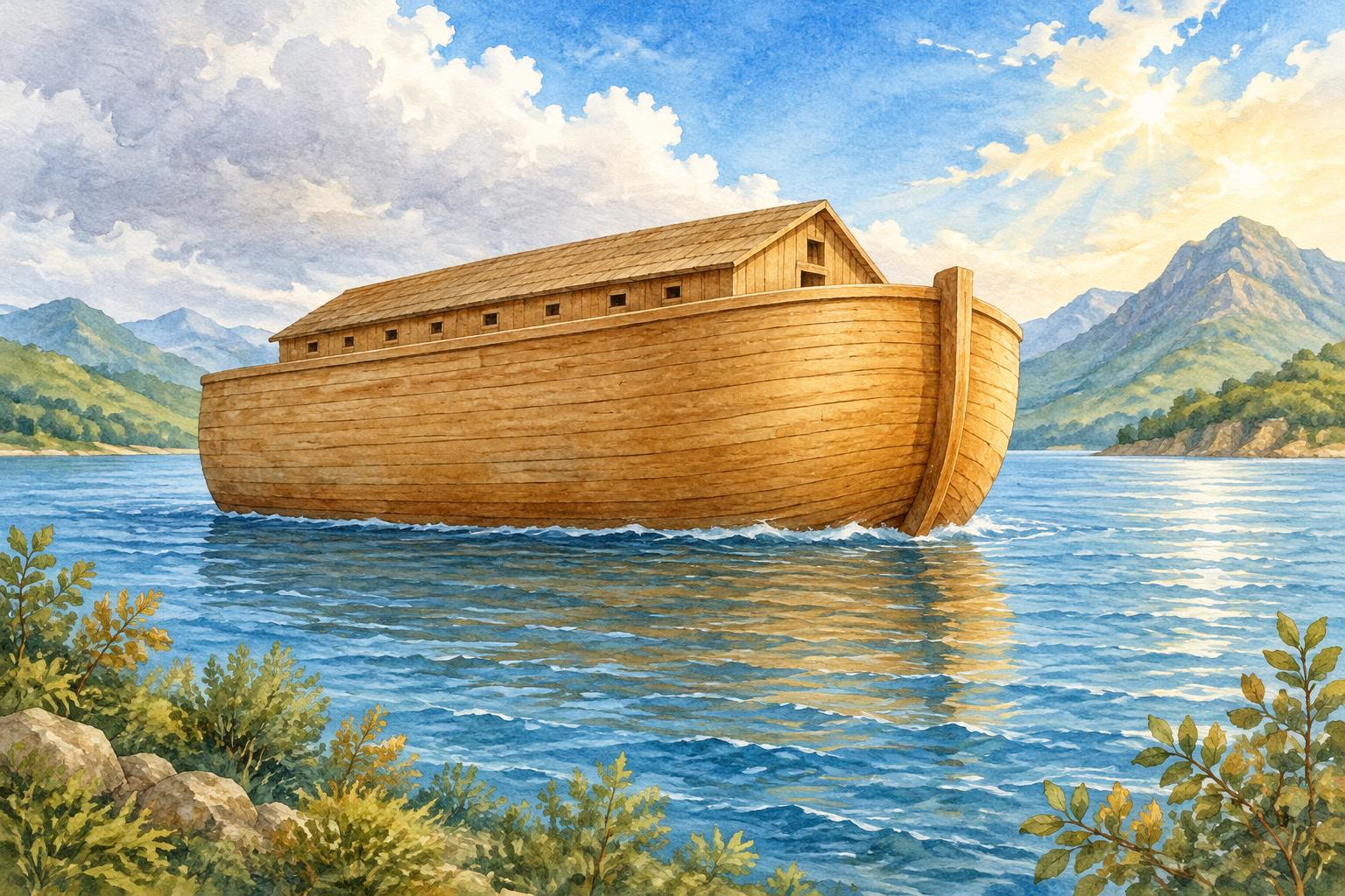 An imagined wooden ark on blue water beside distant mountains; no people are shown.