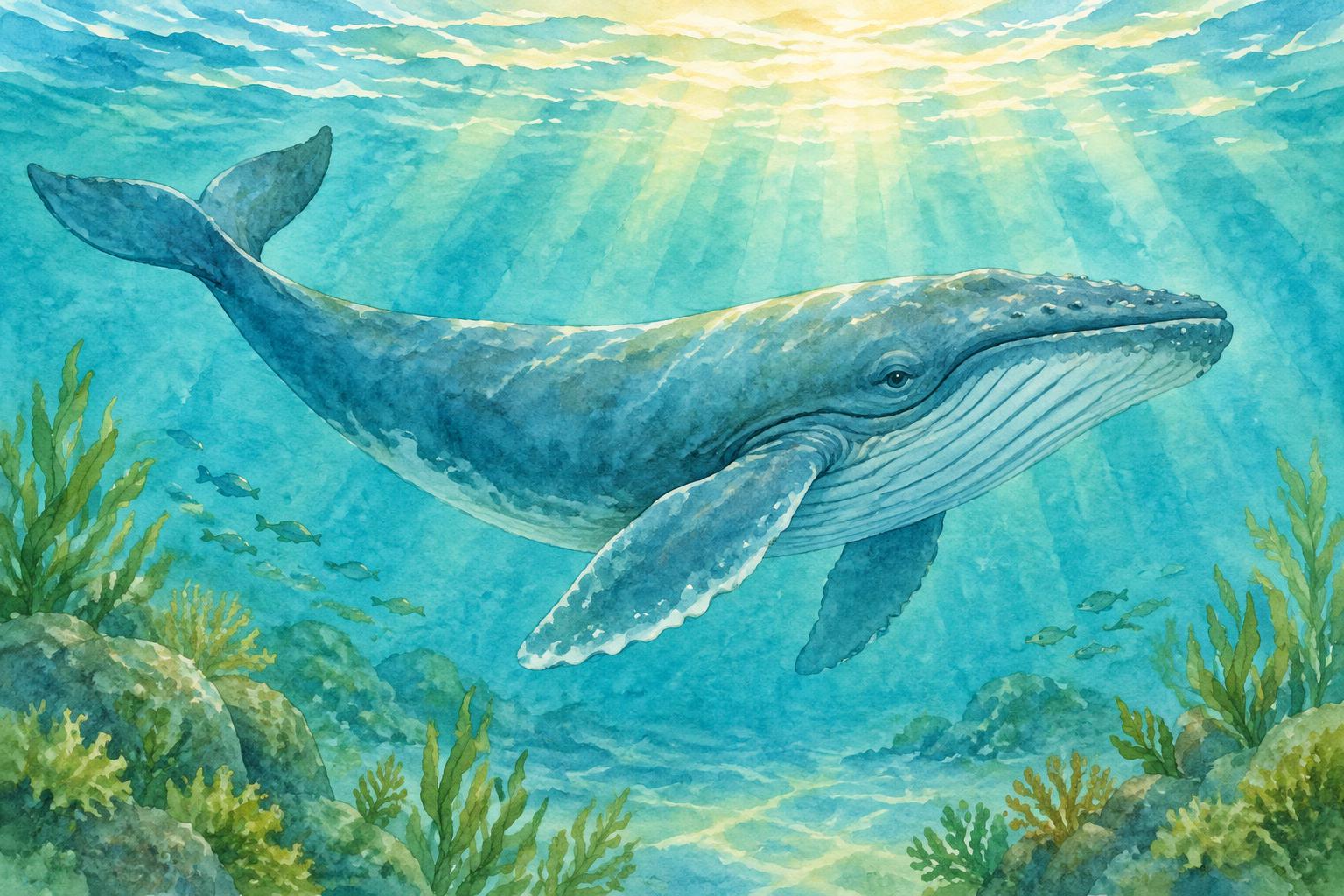 An imagined whale swimming through sunlit blue water; no people are shown.